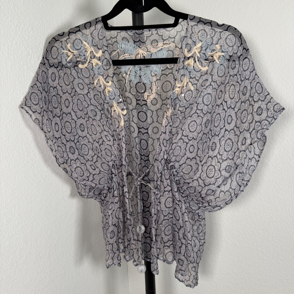 Echo Silk Sheer Floral Embroidered Sequin Cover Up Top GreyBlue Drawstring Waist